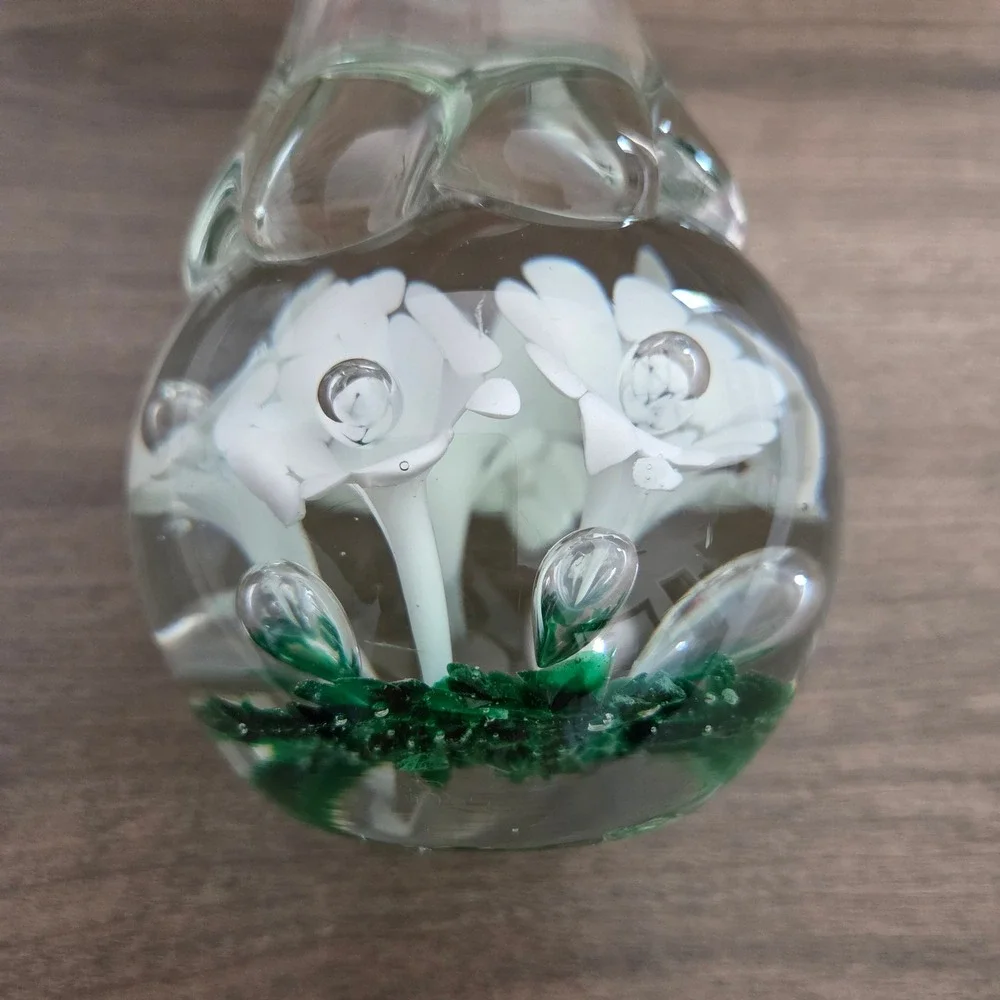 Bud Vase Clear White Green Floral Paperweight Base Ruffled Rim Hand-blown